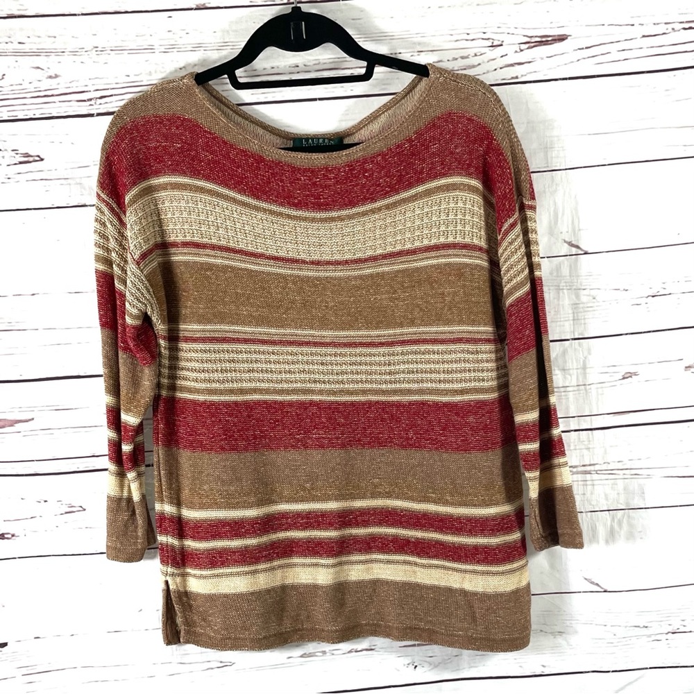 lauren ralph lauren Womens Sweater L Brown/Red striped‎ Linen Blend Long Sleeves
